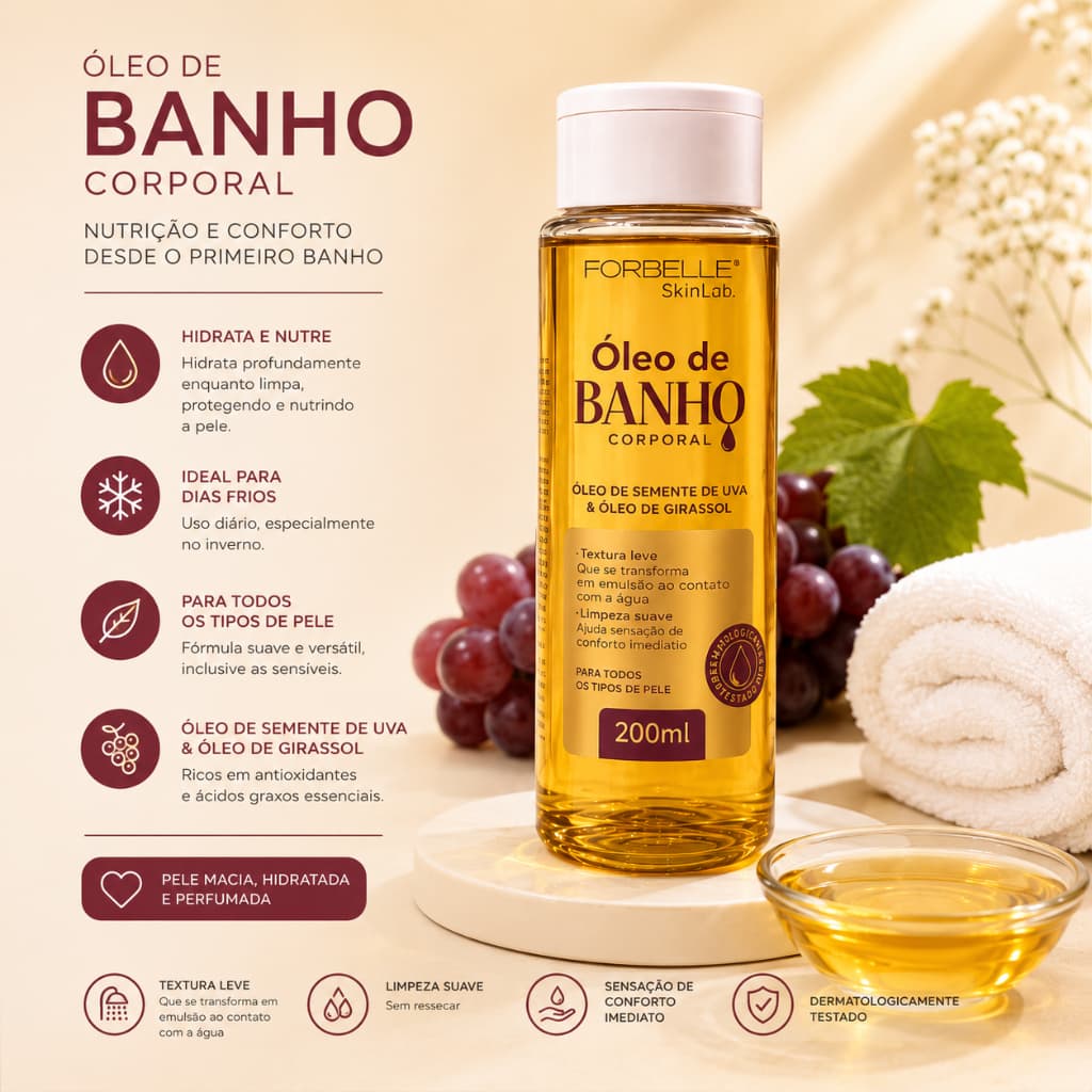 Óleo de Banho Corporal Forbelle SkinLab 200ml Óleo de Semente de Uva + Girassol Hidratação Profunda