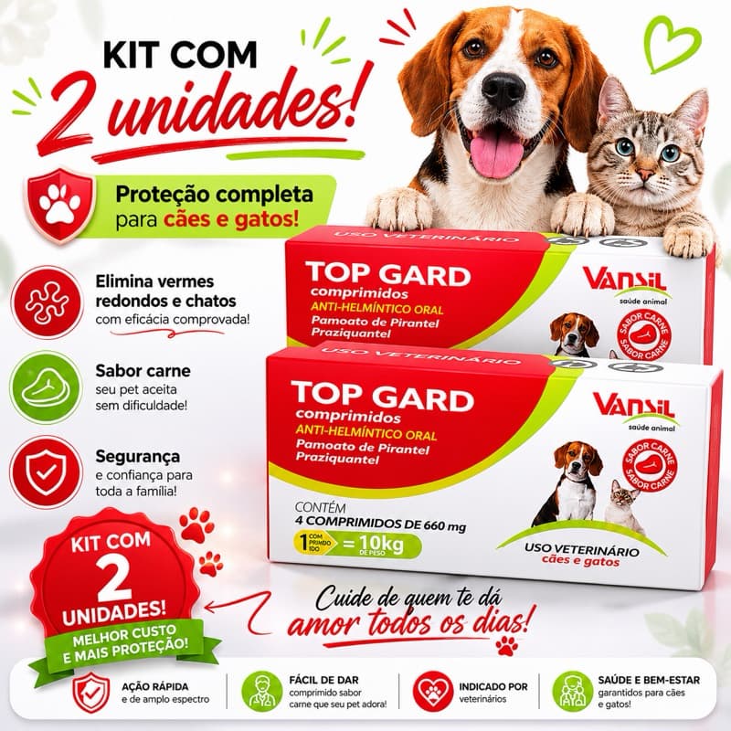 Kit C/2 caixas Top Gard 660mg 4 Comprimidos - 1 Comprimido P/ 10kg (Remédio de Verme P/ Cães e Gatos)