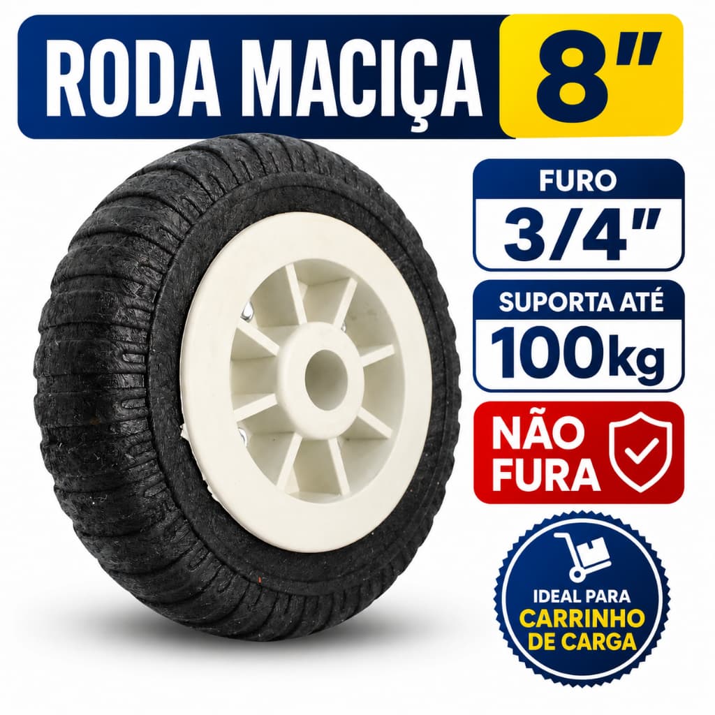 Roda Maciça 8 Pol PVC 250x4 Furo 3/4 Para Carrinho de Carga 100kg
