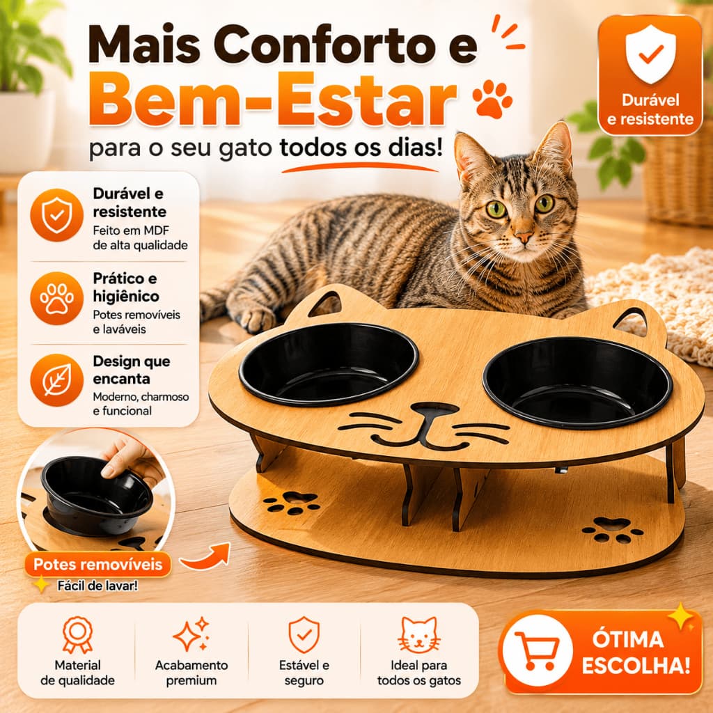 Porta Ração Comedouro Gato MDF 38x27x13 Pet Preto Marrom