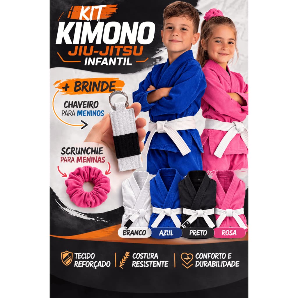 Kimono Infantil Jiu Jitsu e Judô + Brinde (Chaveiro ou Scrunchie)