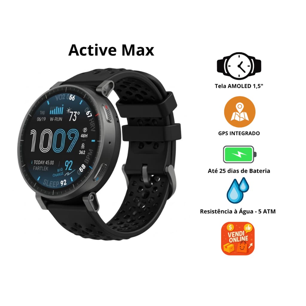 Relógio Smartwatch Amazfit Active Max – AMOLED 1.5” GPS Integrado 170+ Modos Esportivos Bluetooth