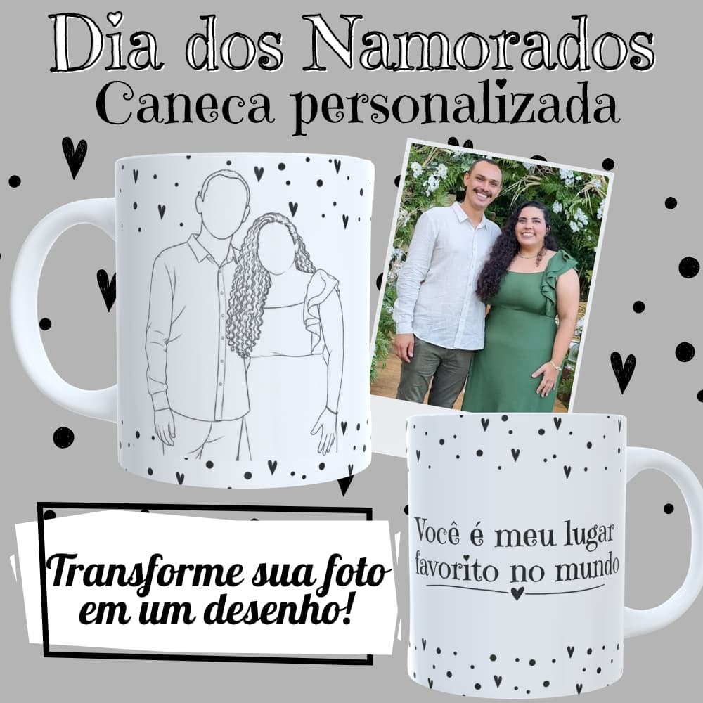 Caneca Desenho Casal 325ml | Transforme sua foto |  Presente Aniversário de Namoro, Casamento, Bodas