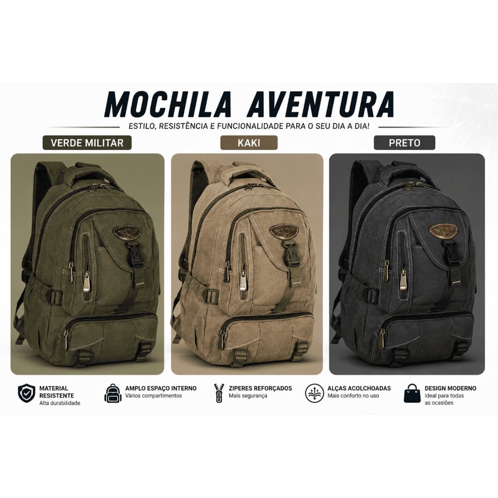 MOCHILA EM LONA PRETA ORIGINAL KVN REFORÇADA MASCULINA UNISSEX TRABALHO ESCOLA FACULDADE..