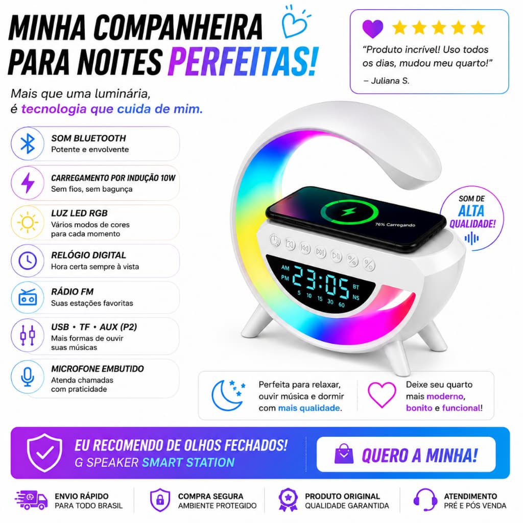 Luminária LED RGB Relógio Despertador Carregador Indução G Speaker Caixa De Som Bluetooth