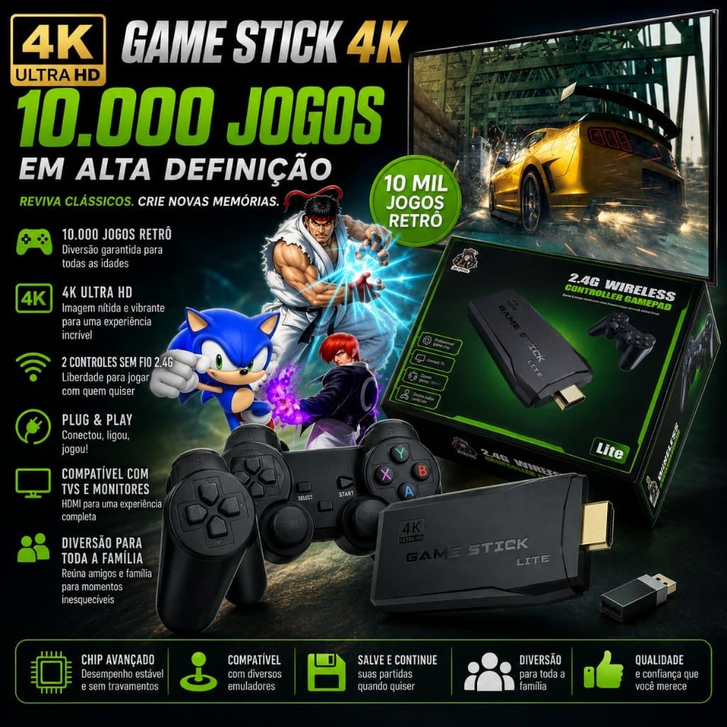 Game Stick 4K Retrô – 10.000 Jogos