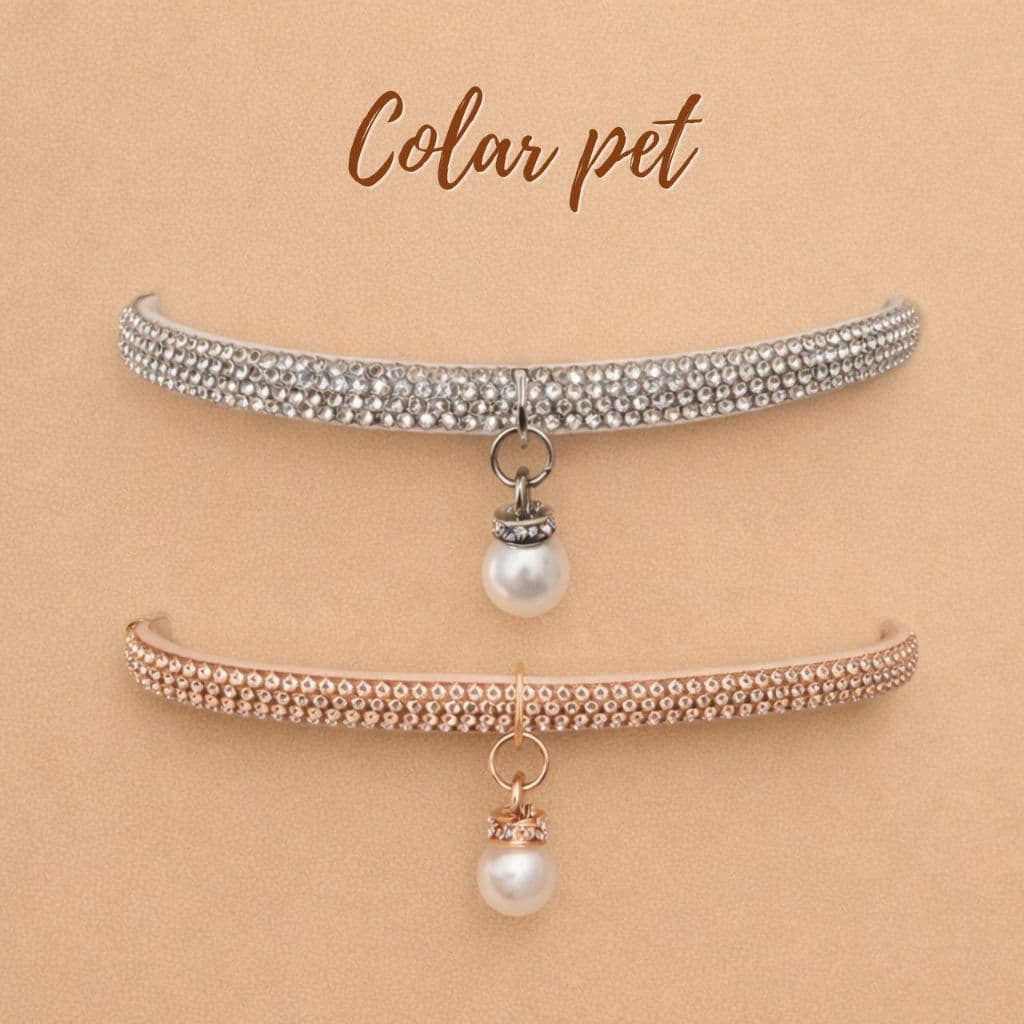 Colar coleira pet strass com pérola para gato e cachorro regulavel
