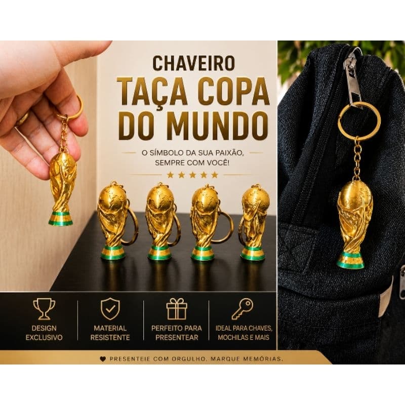 Chaveiro Premium Taça/Trofeu Copa do Mundo/Campeonato Dourado 3D - Corrente e Argolas Douradas