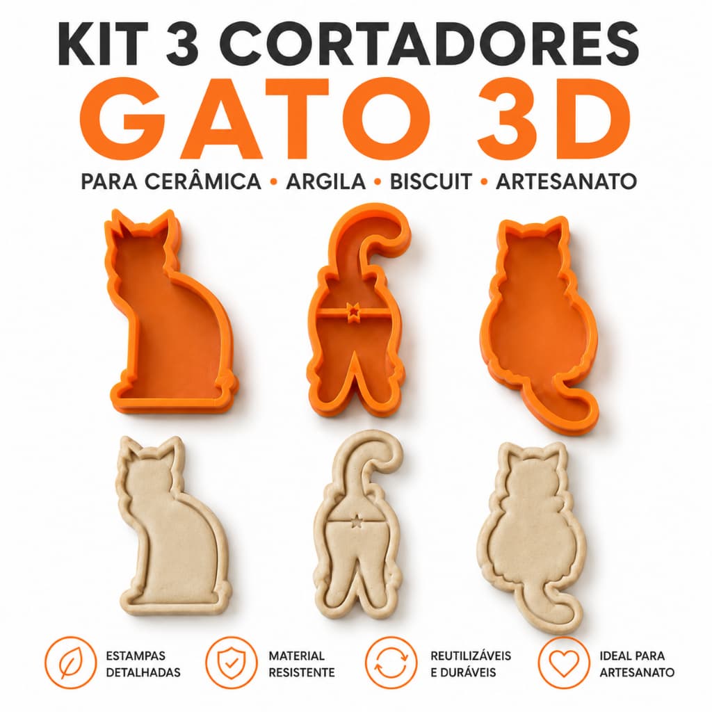 Kit 3 Cortadores de Biscoito Gato 3D | Molde para Biscuit, Cerâmica, Argila e Massa de Biscoito | Formato Gatinho Artesa