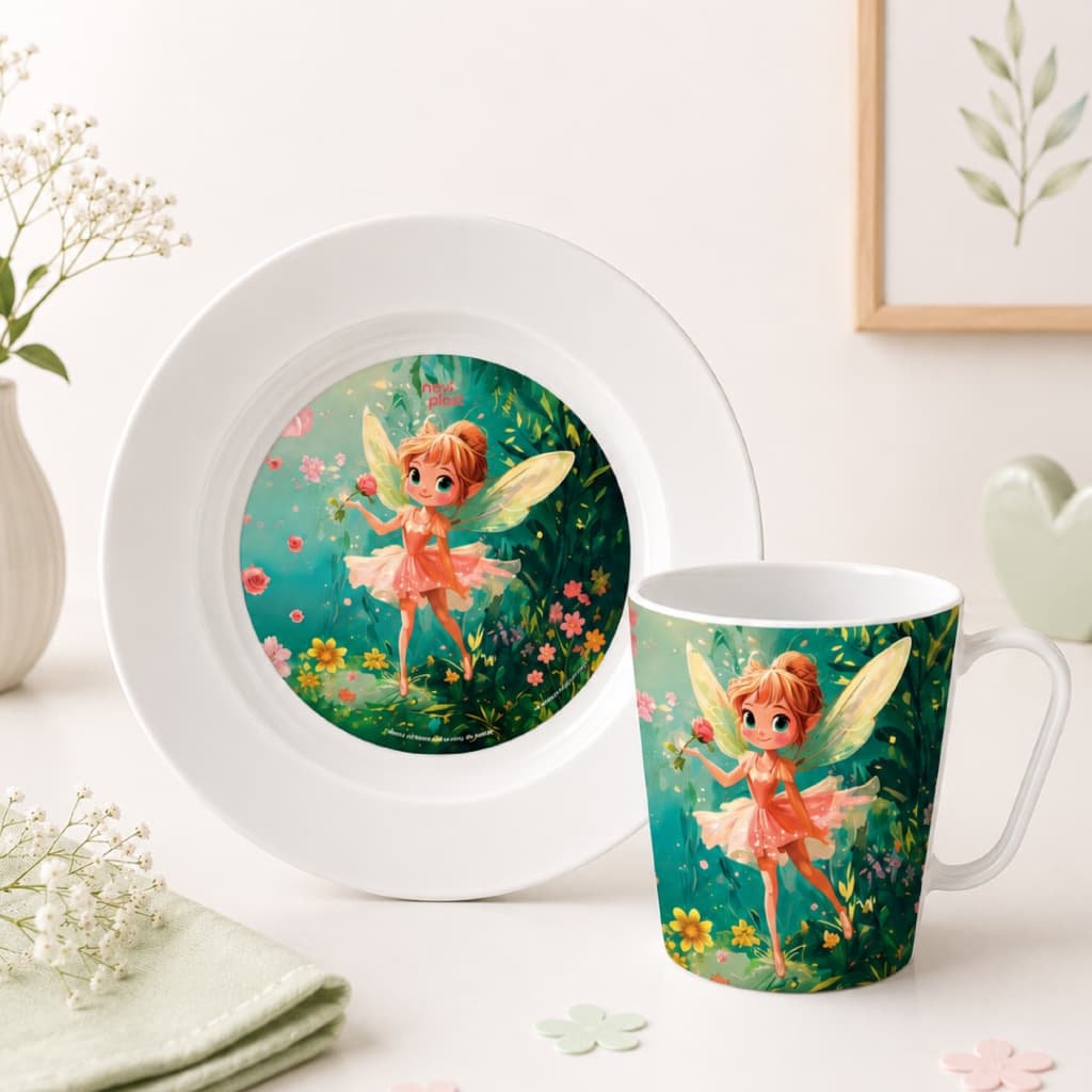Kit Infantil Fada Encantada Prato E Caneca Plástico Personagem Menina Refeição Resistente Fofo Verde