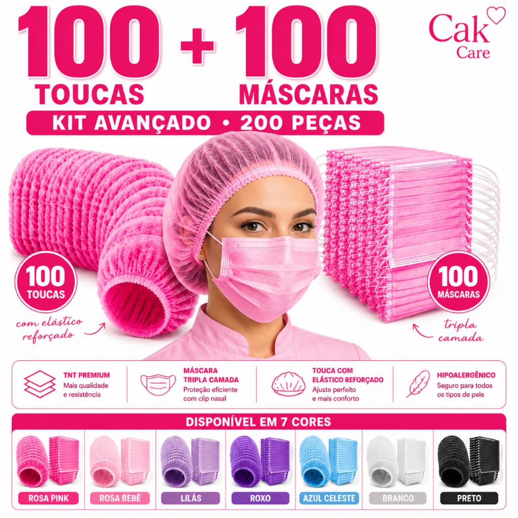 KIT AVANÇADO MÁSCARAS + TOUCAS P / Proteção Facial Salão, Clínica & Cozinha