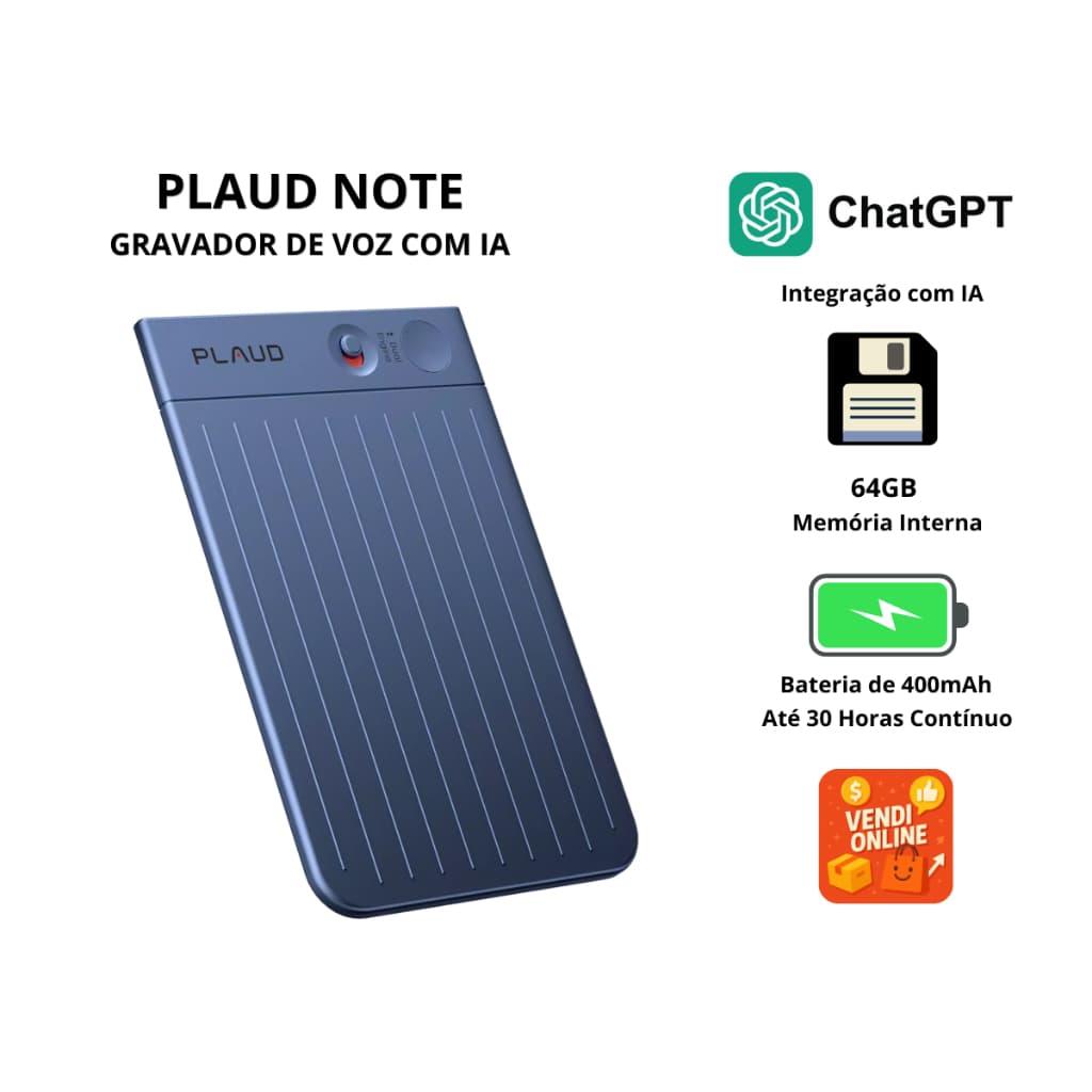 Gravador de Voz PLAUD Note com IA 64GB – Transcrição e Resumo Automático em 112 Idiomas