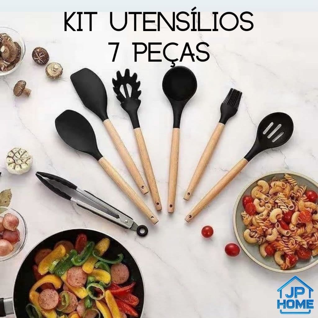 Kit 7 Peças Utensílios Para Cozinha Silicone E Cabo de Madeira
