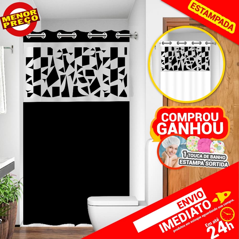 Cortina Box com Visor Arabesco Para Banheiro Anti Mofo Resistente Alta Qualidade 100% PVC