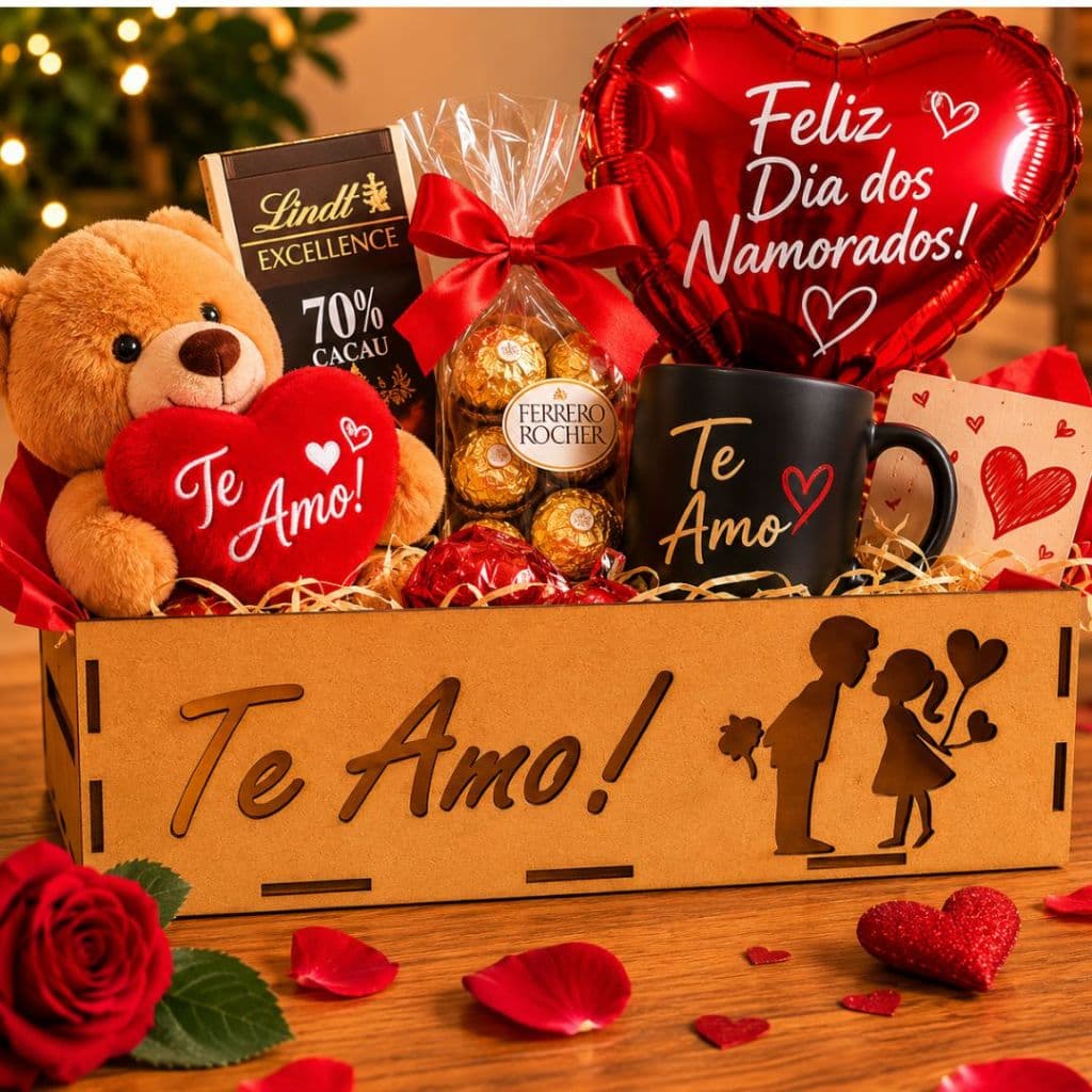 Kit Bandeja Frase Te Amo Cesta Vazada Namorado MDF Cru 20x15 Presente