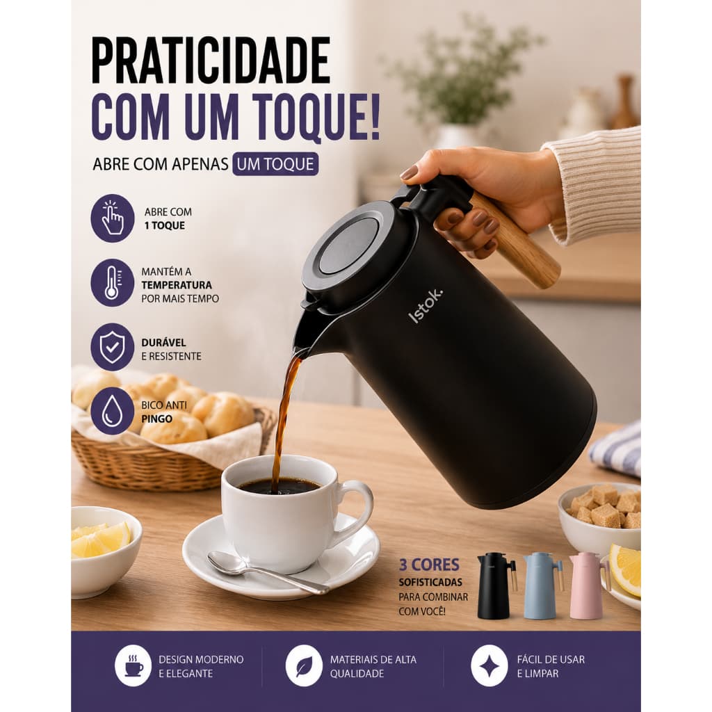 Garrafa Térmica Água Café Amsterdã Cabo De Madeira Premium 1litro Luxo Sortida
