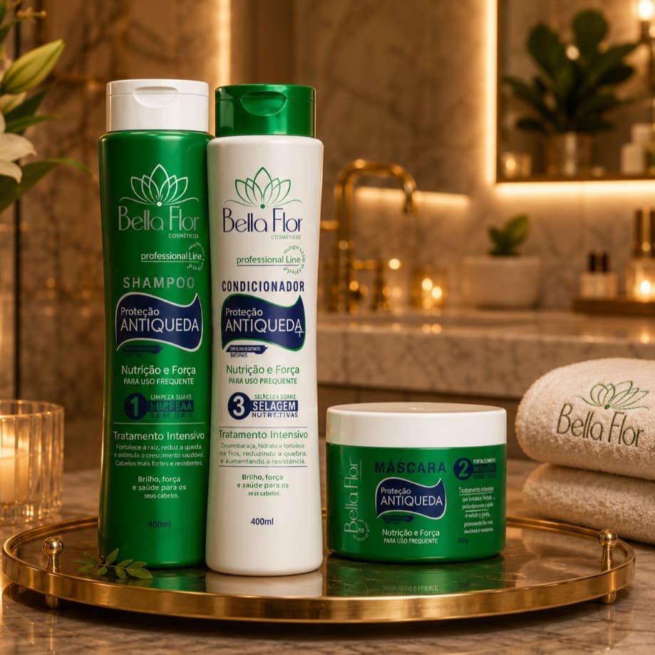 Kit Capilar Anti-Queda 3 Produtos Shampoo Condicionador Máscara Bella Flor Fortalecimento Brilho Profissional