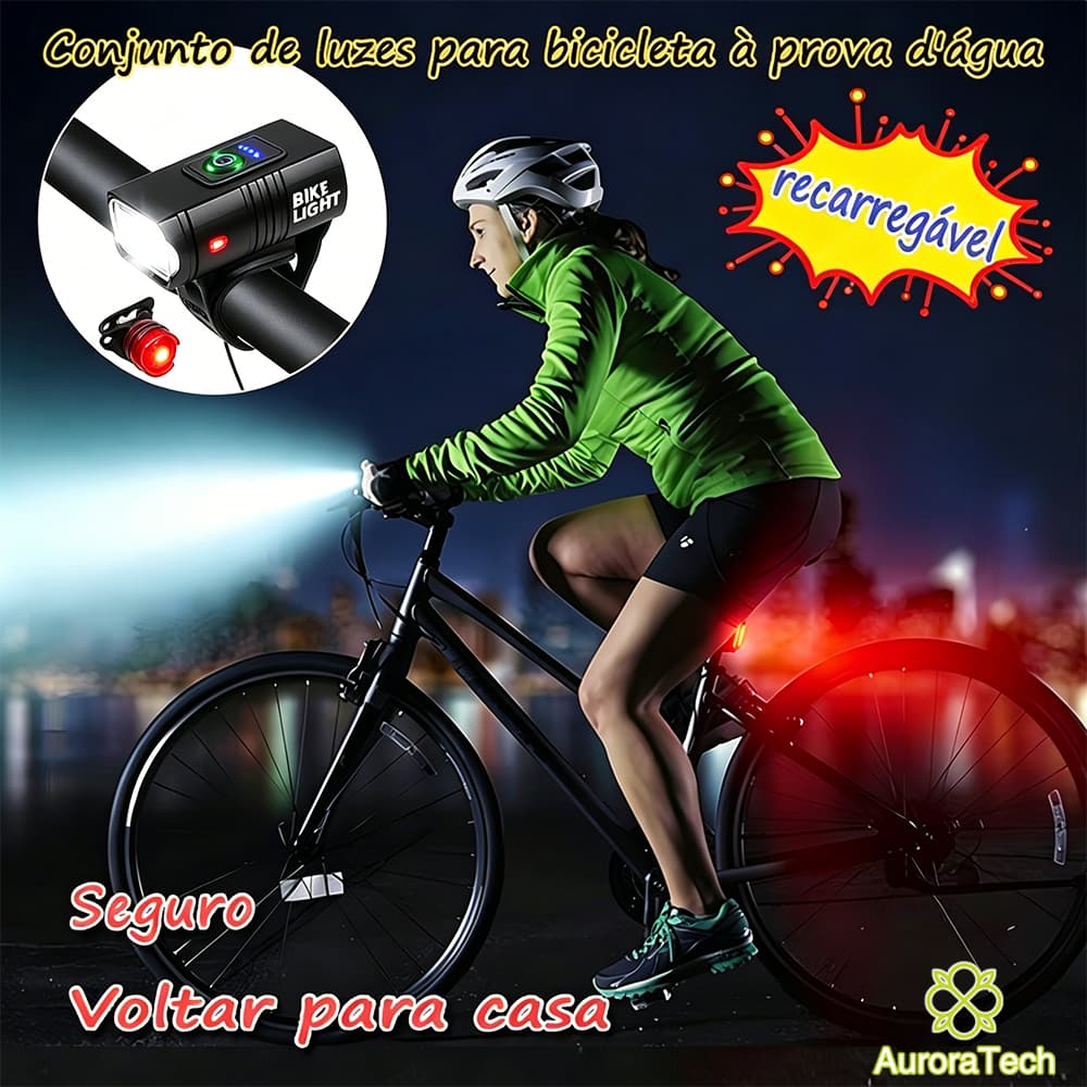 Kit Lanterna Bicicleta Usb Recarregável Farol E Sinalizador Traseiro À Prova D'água Led 360° Rorate