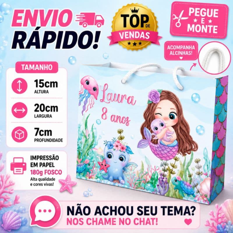 10 | 20 | 30 Sacolinhas Surpresa Lembrancinha Personalizada Sereia - Fundo do Mar Menina - PEGUE E MONTE