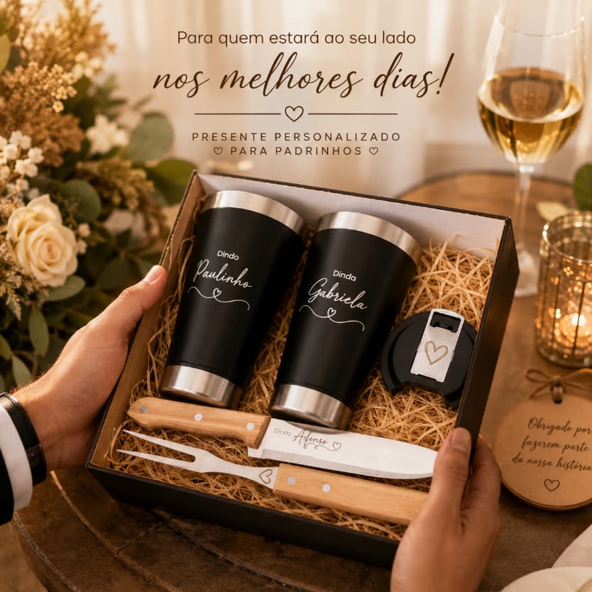 Kit Churrasco e Copo Térmico Personalizado, Lembrança Para Padrinho e Madrinha, Convive Dindos Padrinhos