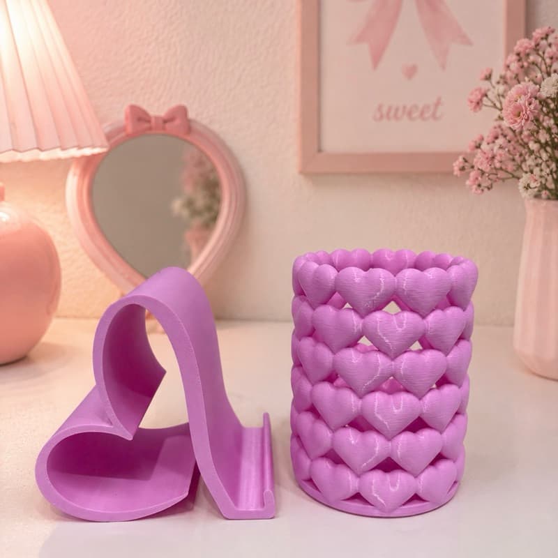 Kit Organizador de Mesa Suporte de Celular + Porta Lápis Pincel Coração / Escola - Escritório Presente