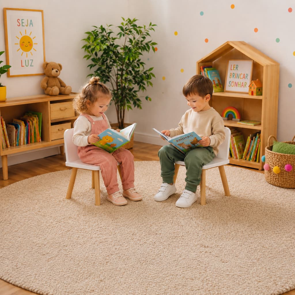 Kit 2 Cadeiras Infantis Branca MDF Pés de Madeira Montessori Educativa Quarto Infantil Brinquedoteca