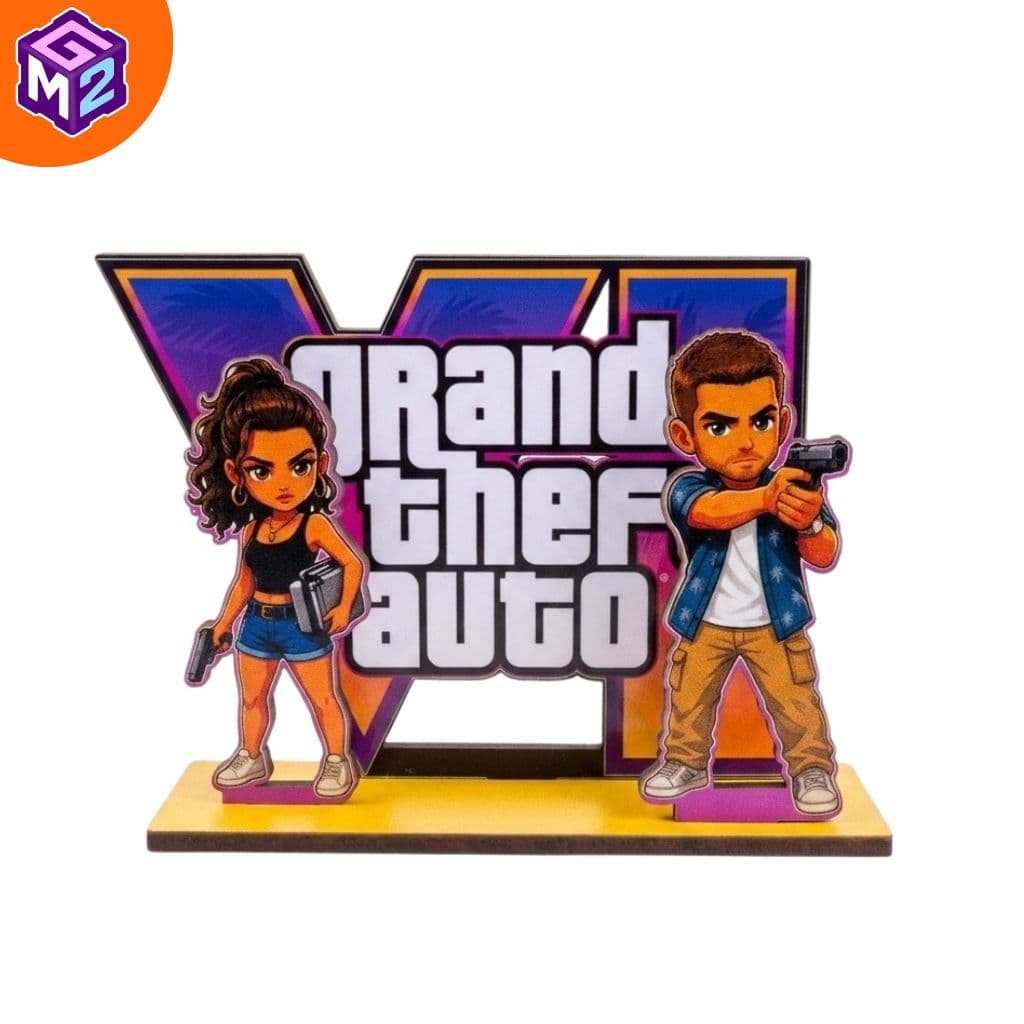 Totem display 3D de Mesa Grand Theft Auto VI 15cm MDF – Jason e Lucia Decoração Gamer GTA 6