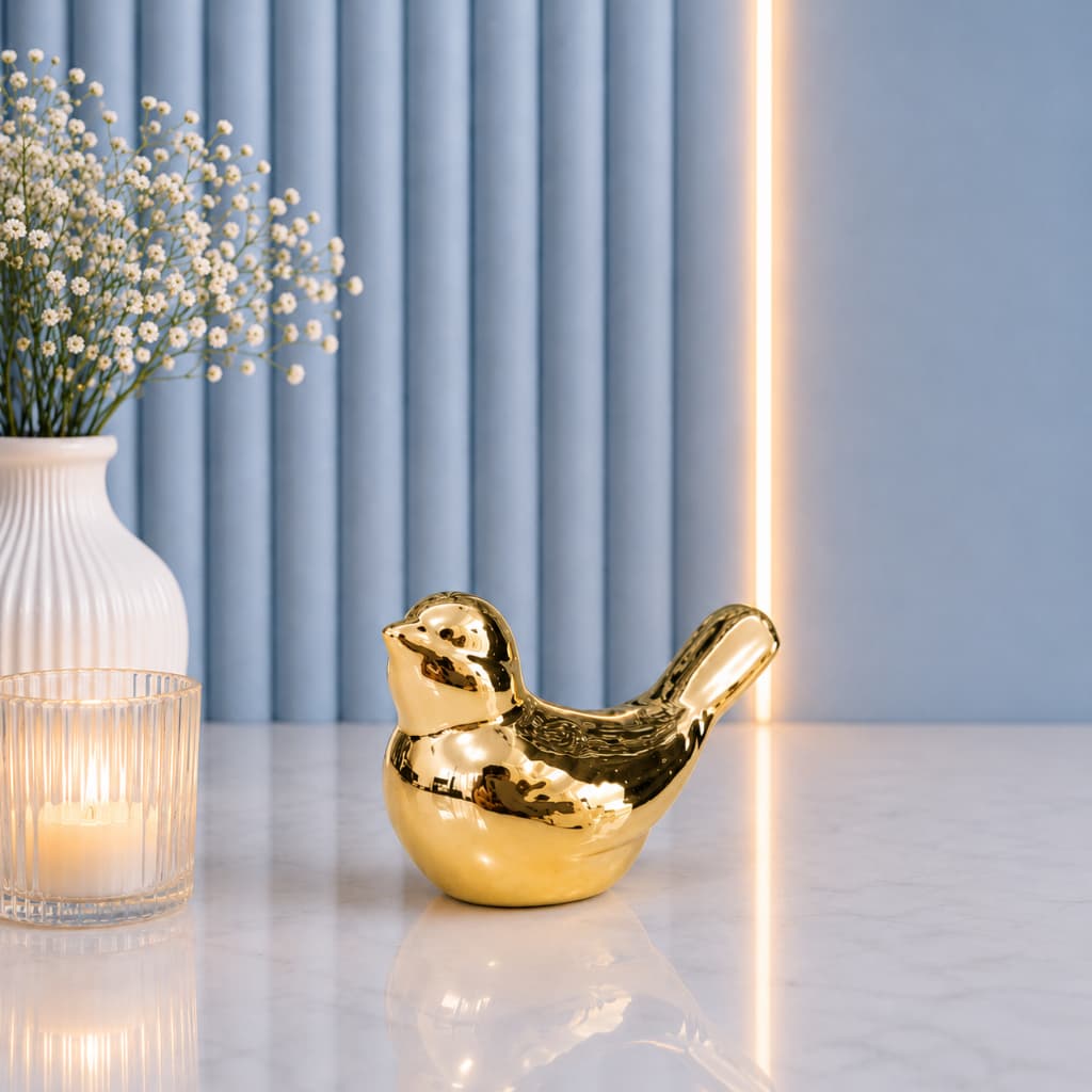 Enfeite Decorativo em Cerâmica Mini Passarinho - Cor  Dourado