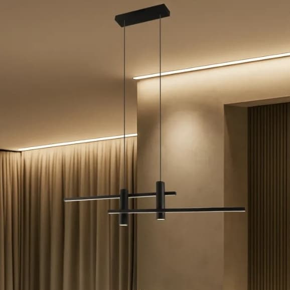 Pendente Linear Tube Duplo Preto 3000K Bivolt Mesa Bancada Cozinha Moderna Decorativo