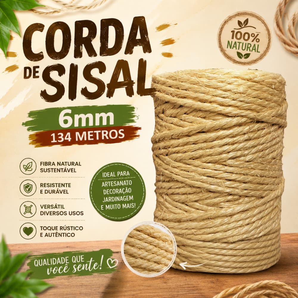 Corda de Sisal 6mm 134 Metros Natural Artesanato Decoração Arranhador Alta Qualidade