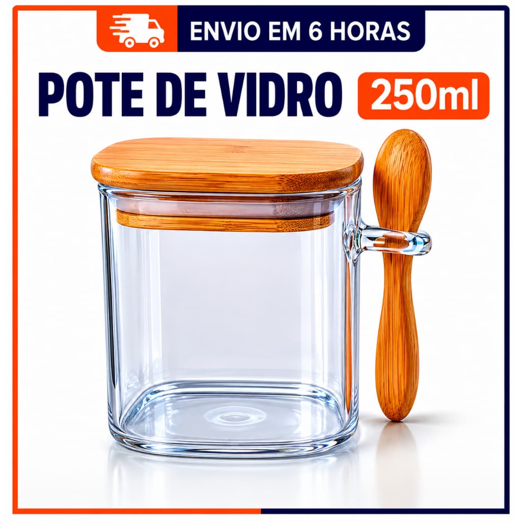 Pote De Vidro Hermético Quadrado Com Tampa de Bambu E Colher  de Madeira