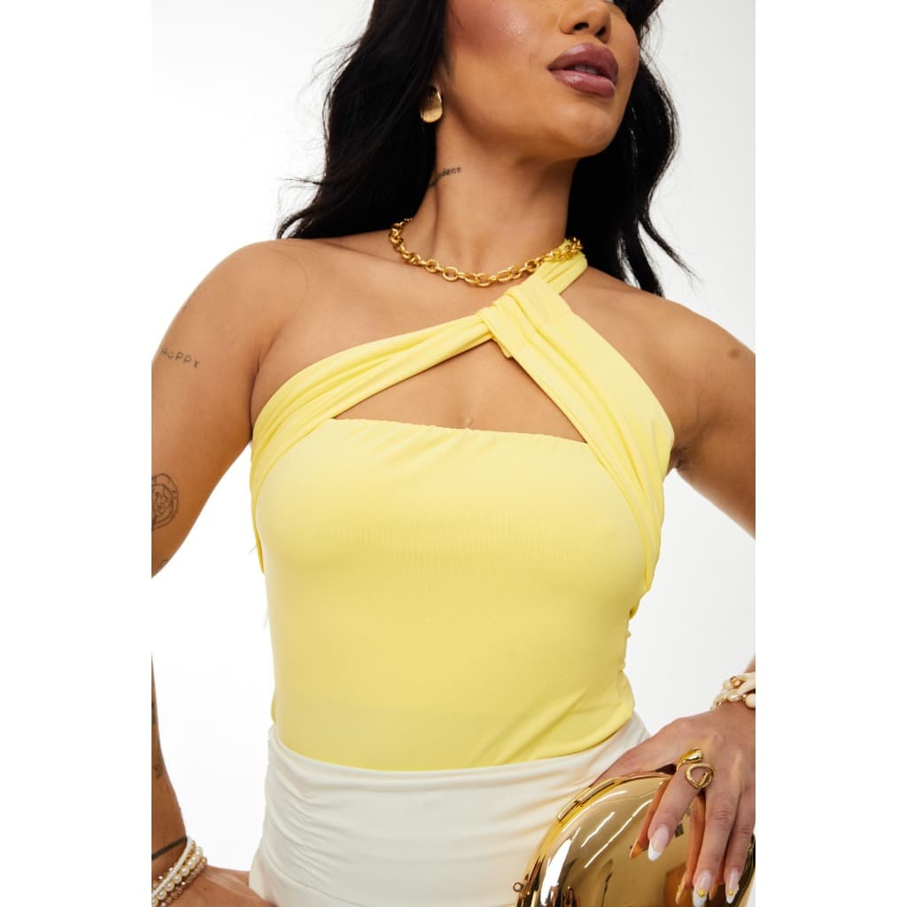 Cropped Feminino Amarelo Manteiga Nó Cropped Um Ombro Só Transpassado Cropped Elegante Blogueira Moda Feminina Tendencia