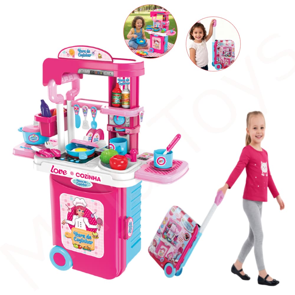 Brinquedo Cozinha Infantil Maleta 2 em 1 Portátil Som Luz DM Toys Menina Faz De Conta
