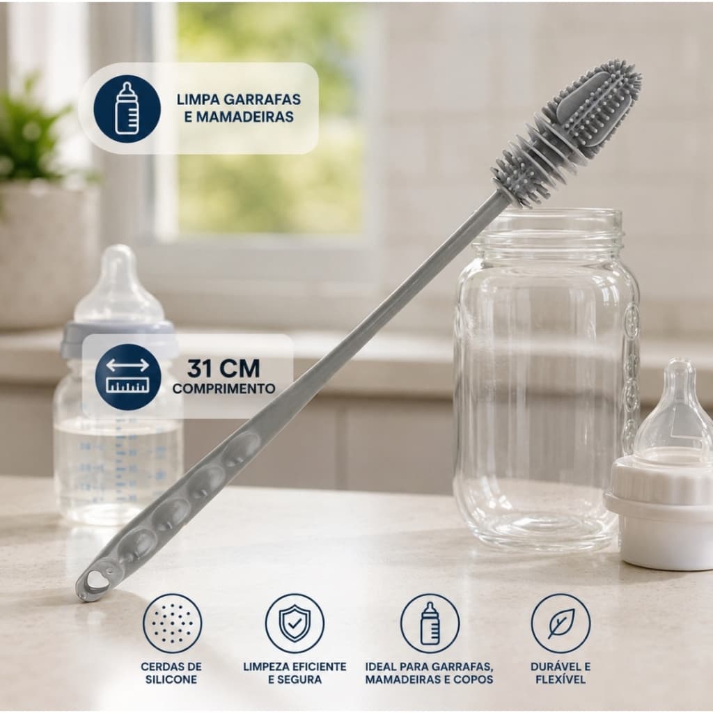 Escova de Silicone Kit 1/2 Limpeza para Garrafa Copo Mamadeira Multiuso Silicone 31cm Cinza