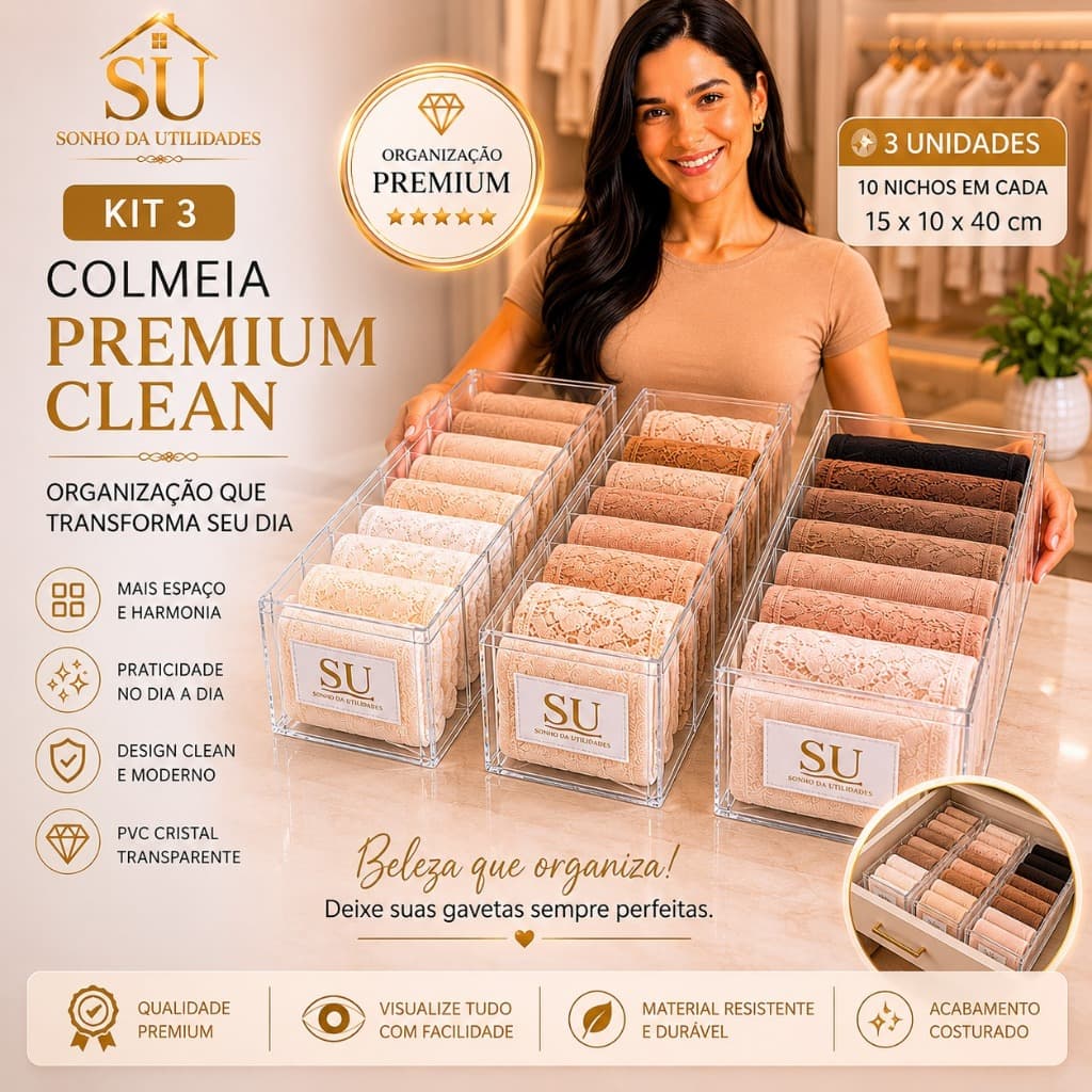 Kit 3 Colmeias Organizadoras P Especial Premium Clean PVC Cristal Transparente Luxo