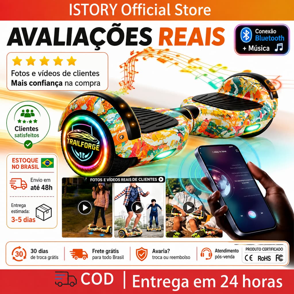 Hoverboard Elétrico 6.5 Polegadas Bluetooth Luz LED Estrelada Roxo Com Kit Acessórios