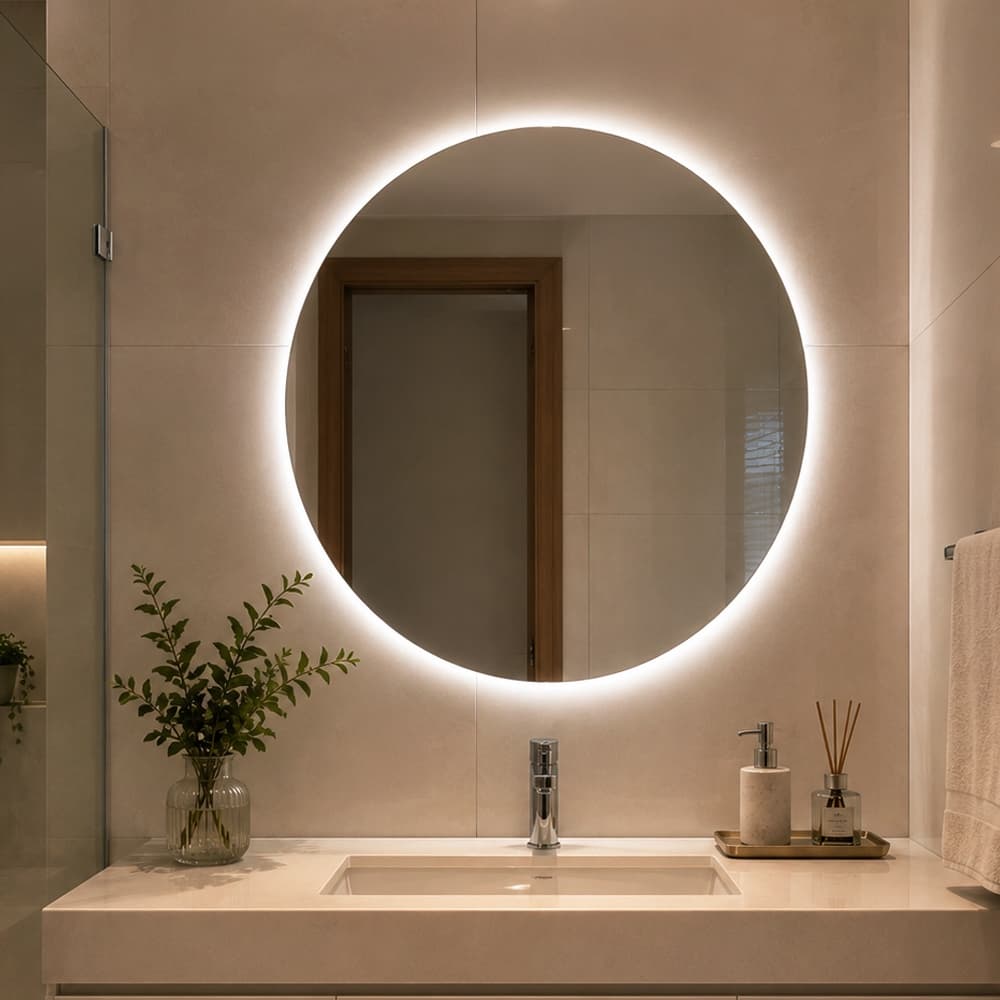 Espelho Redondo 50cm com LED Retroiluminado Lapidado P/Maquiagem Quarto Banheiro C/Kit de instalação