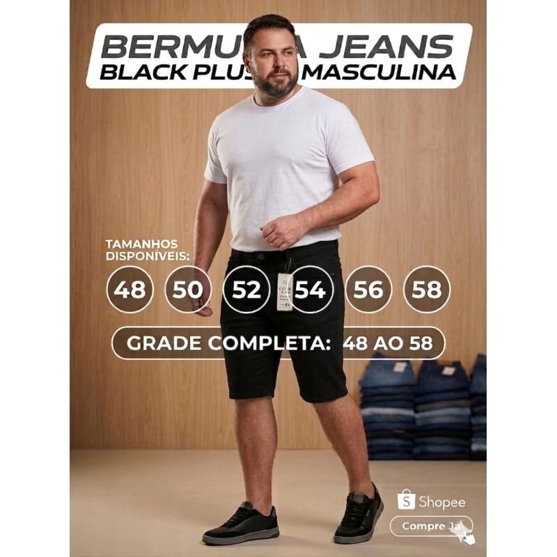 Bermuda Jeans Masculina Plus Size Preta Original Do 48/50/52/54/56/58