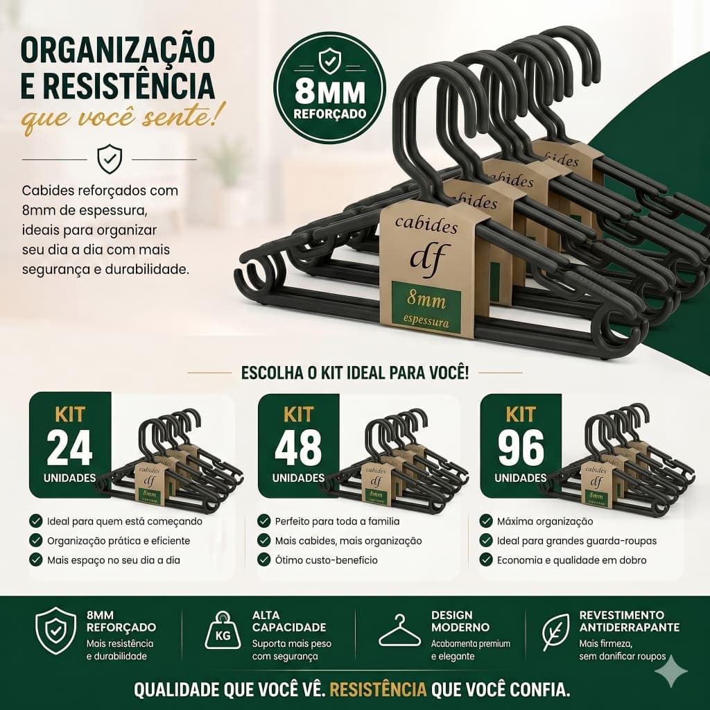 Kit Cabide Cavado Antideslizante Adulto Preto 8mm Reforçado - Escolha 24 / 48 ou 96 Unidades Atacado