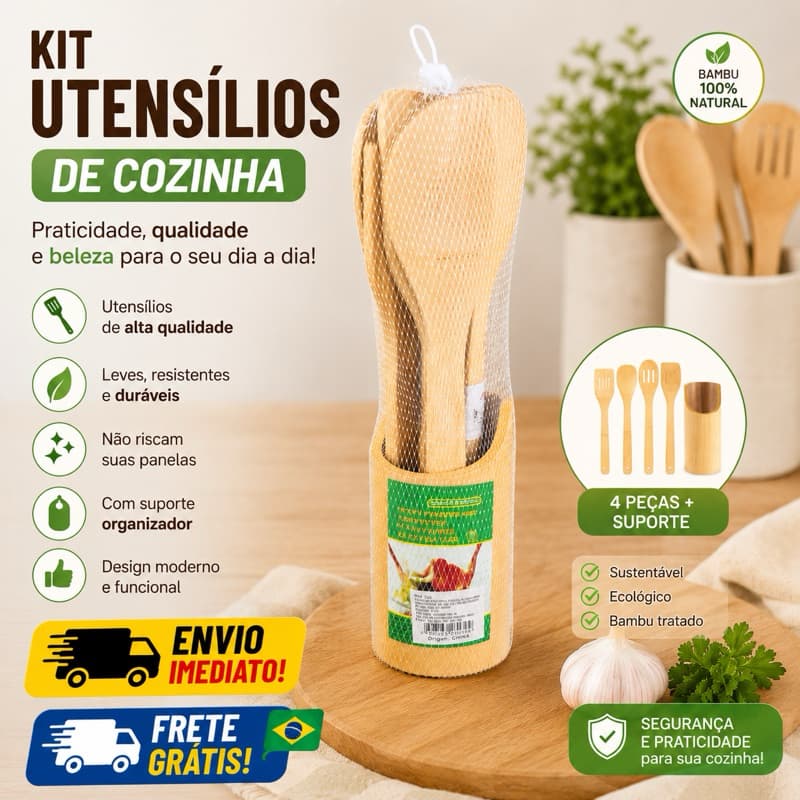 kit utensílios de bamboo com rolo de massa resistênte