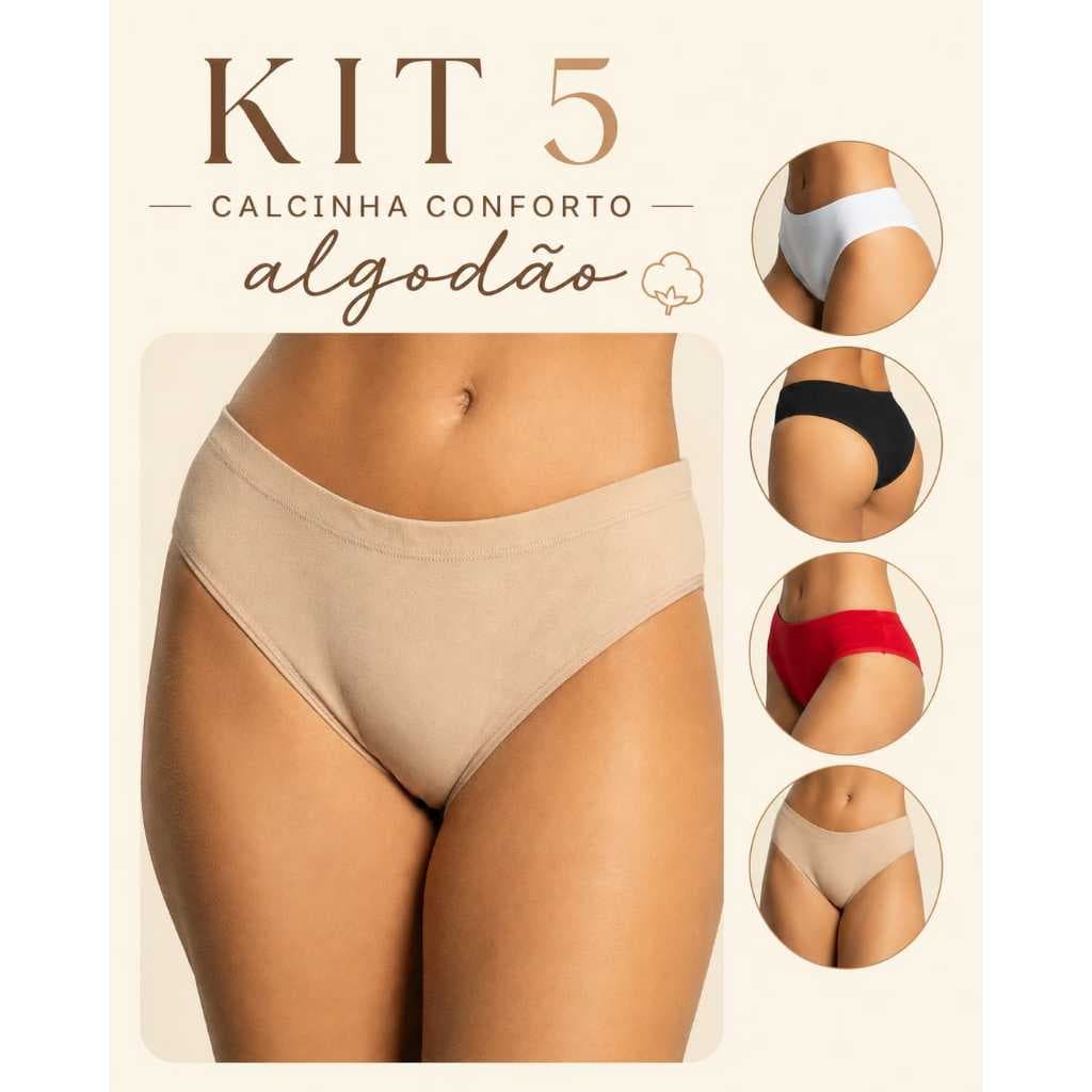 Kit Com 5 Calcinha Algodão Básica Conforto  Calcinha Cintura Alta  Cotton  Calcinha Básica Pala Alta