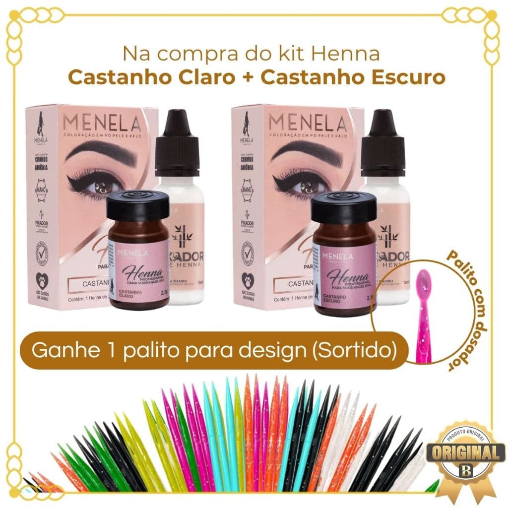 Kit 2 Henna Menela Castanho Claro + Castanho Escuro + Palito Para Design De Sobrancelhas (Sortido)