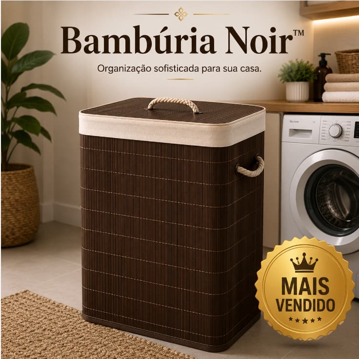 Cesto Organizador Roupa Suja Bambúria Noir™ 70L Com Tampa Alças Bambu Premium Marrom