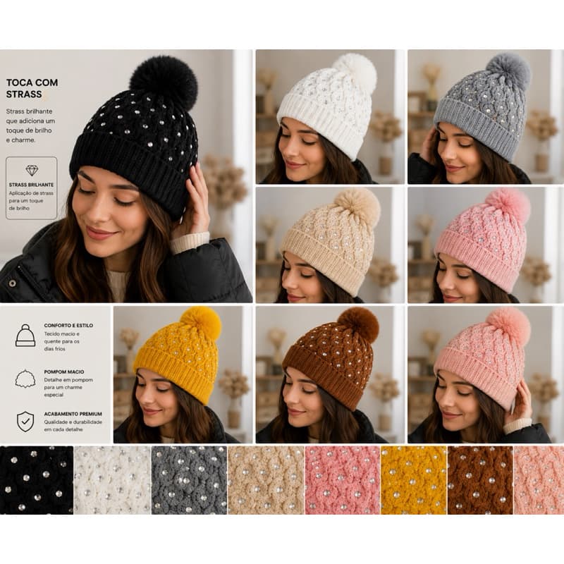 Touca Feminina De Frio Peluciada Quentinha Com Strass Brilho Delicada Com PomPom Adulto