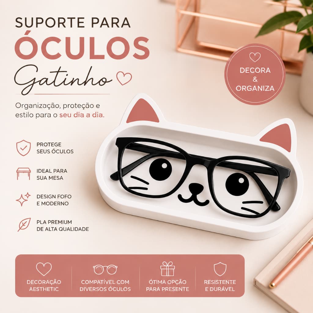 Suporte Porta Óculos Gatinho de Mesa | Organizador de Óculos Estético