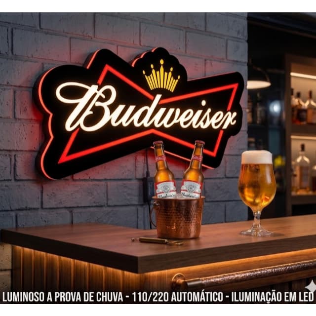 Luminoso Led Alto Brilho  55x28 A Prova de Chuva BUDWEISER  Personalizado Bares e Restaurantes