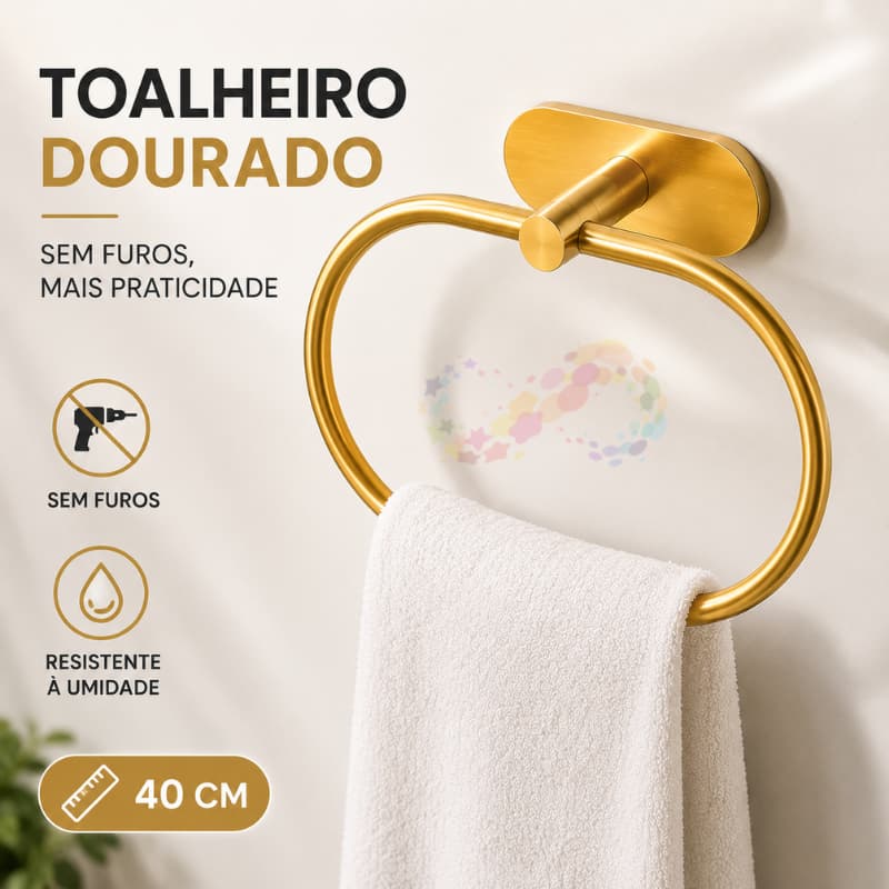Toalheiro Redondo Dourado Minimalista Para Banheiro Sem Furadeira