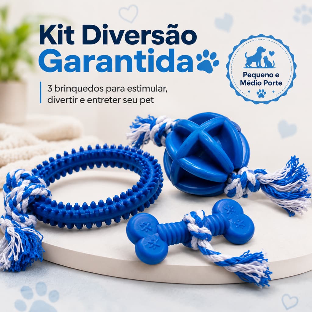 Kit 3 Brinquedos Mordedores para Cachorro de Borracha Resistente com Corda Anti Estresse Interativo