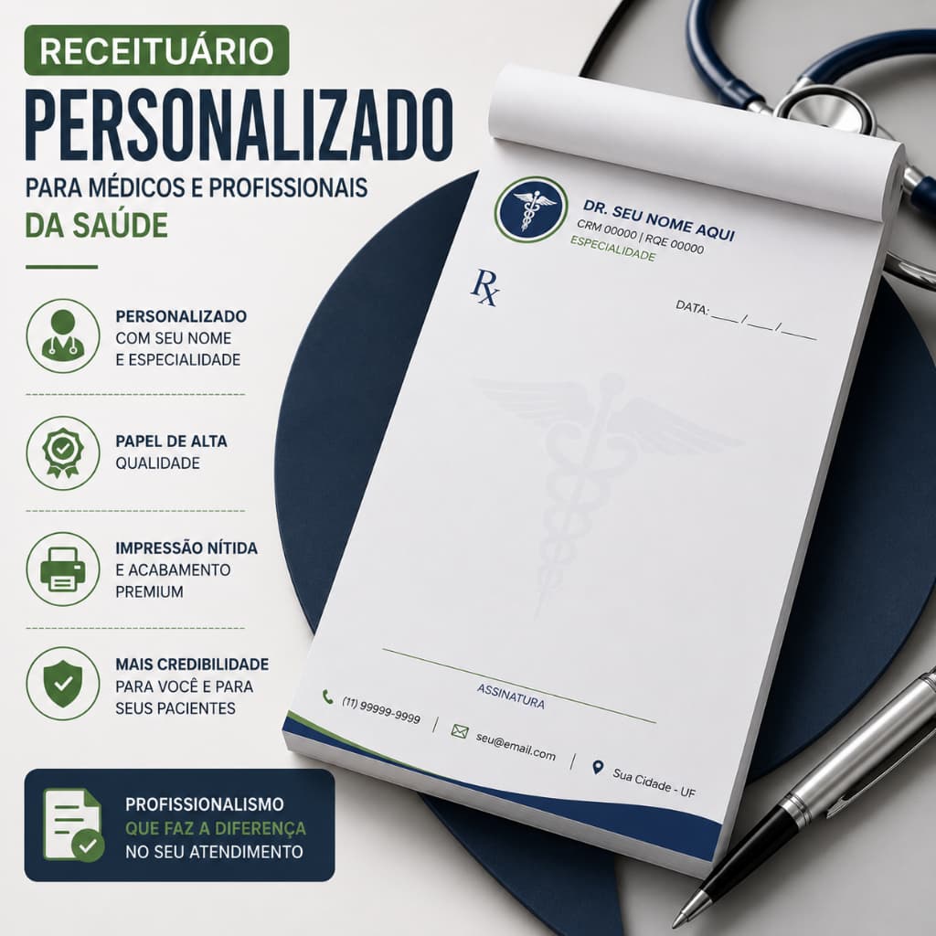 Bloco Receituário Personalizado Profissional 15x21cm para Área da Saúde, Veterinário, Odontologia