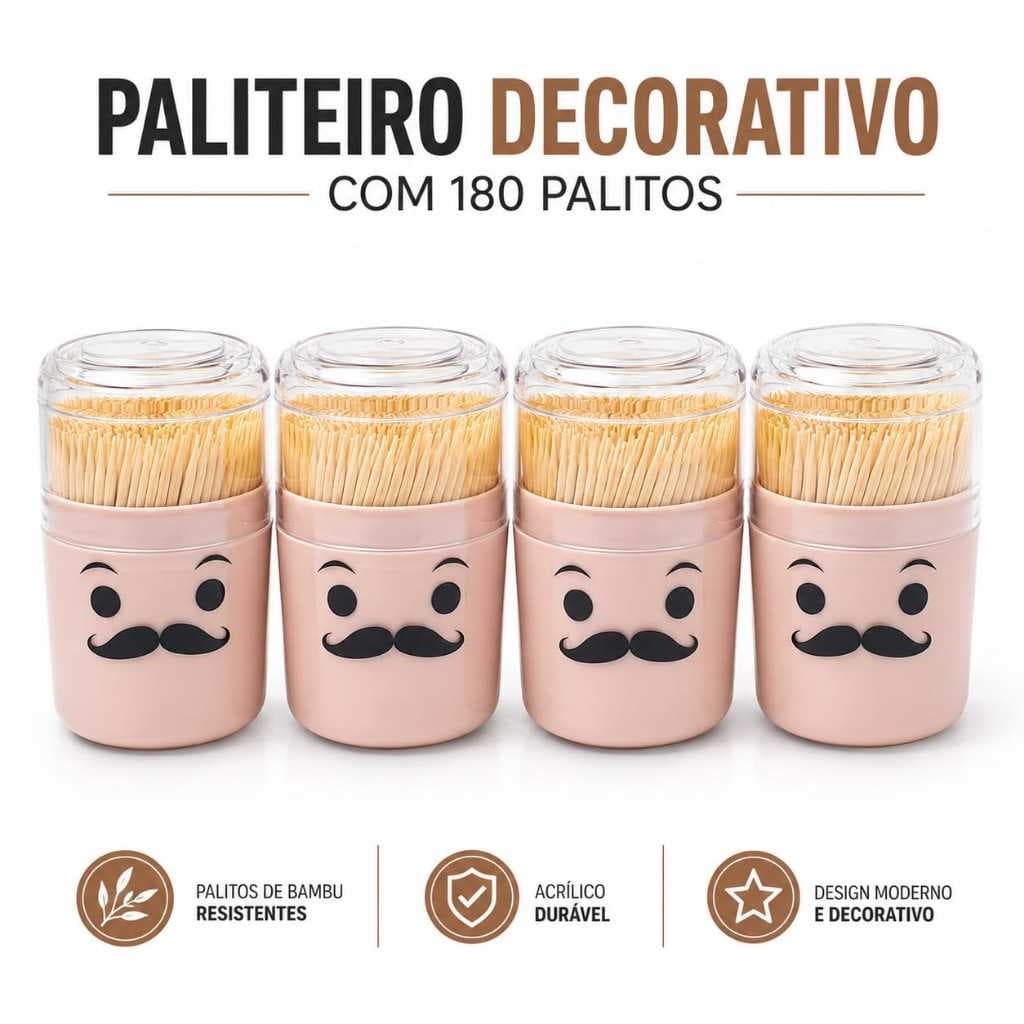 Paliteiro Acrílico Tampa 180 Palitos Bambu Bigode Sortido Mesa Cozinha Clink Higiênico